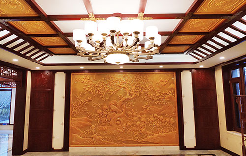 榆中中式别墅客厅中式木作横梁吊顶装饰展示